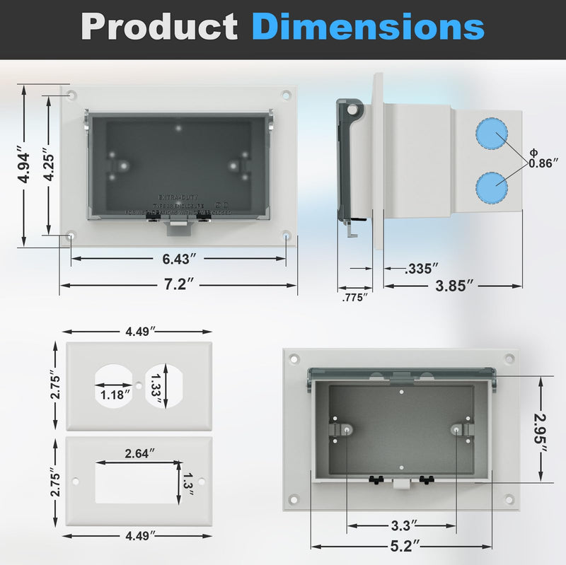 Recessed Outlet Box, DBHR1C Low Profile Electrical Outlet Box with Weatherproof Cover for Flat Surface Retrofit Construction, No Lap, Horizontal, Clear
