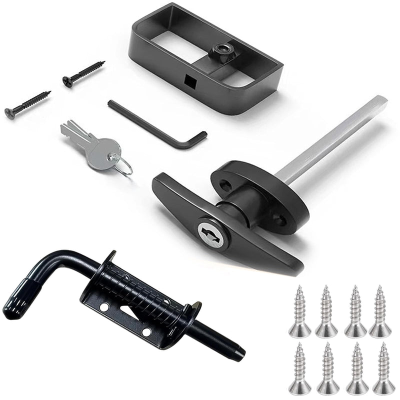 Shed Door Latch T-Handle Lock Kit 4-1/2” Stem, 2 Keys and 5 Inch Spring Loaded Barrel Bolt Latch Pin,Use for Sheds Barn Doors Chicken Coops Playhouses.
