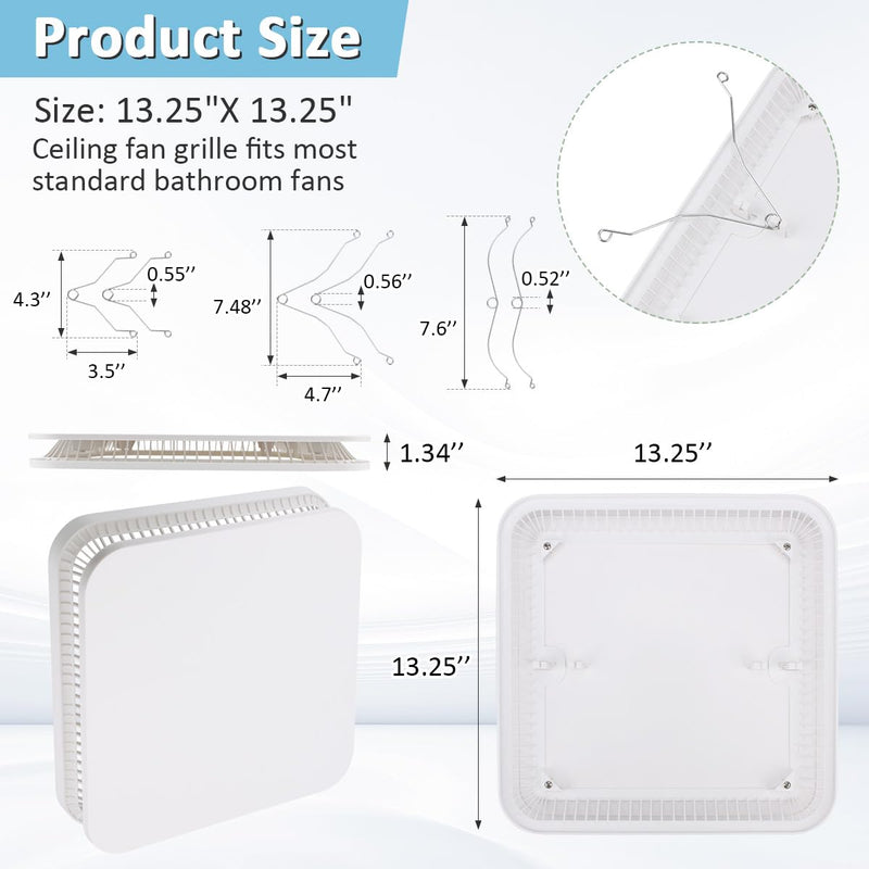 FG701S White Exhaust Bath Fan Grille Cover With Springs for NuTone Broan 678 FG701S, Ventilation Cover Bathroom Ceiling Fan Cover - 13.25" x 13.25"