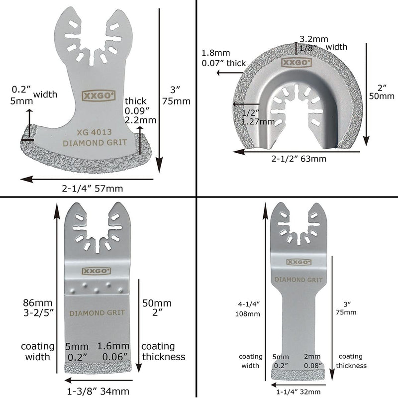 XXGO 4 Pcs Oscillating Multi Tool Diamond Blades for Grit Grout Removal XG4004D Assorted Diamond Blades Kits B - 4 Pcs