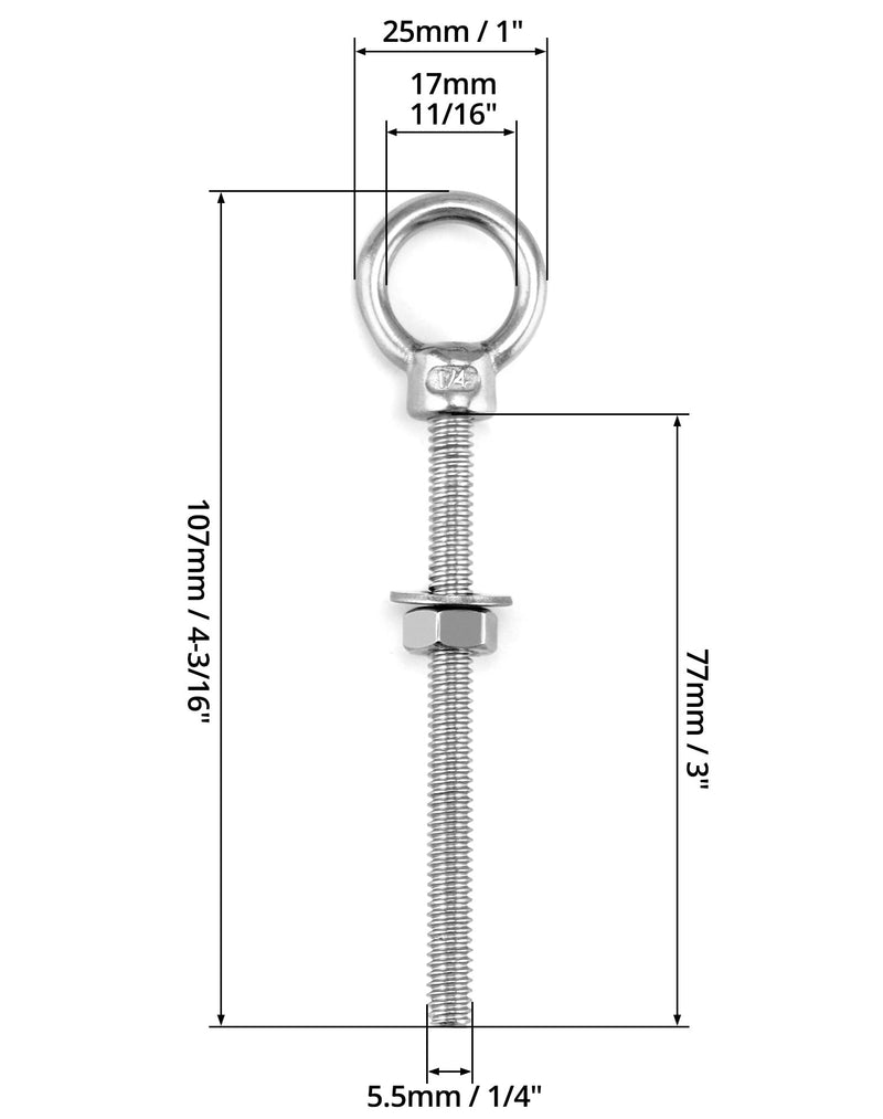 QWORK 10 Pack Eye Bolt, T316 Stainless Steel Marine Grade Threaded Eyebolts, 1/4"x3" Lifting Ring Threaded Eyebolts with Nuts Washers 1/4" x 3"