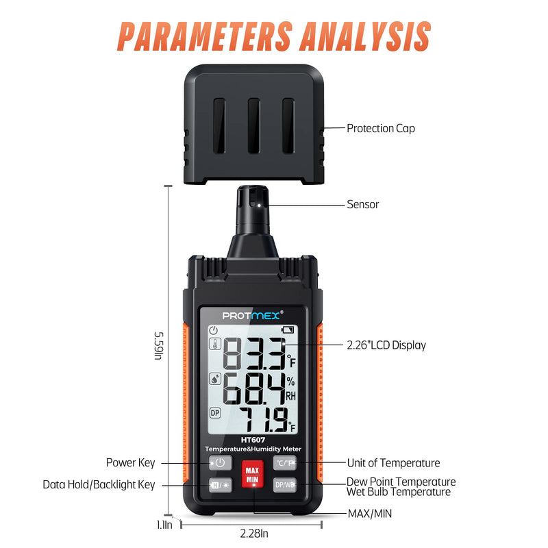 HT607 Temperature Humidity Meter High Precision Digital Hygrometer with Ambient, Relative Humidity, Dew Point, Wet Bulb Thermometer, Min/Max Hold, LCD Backlight with Cover Protector - NewNest Australia