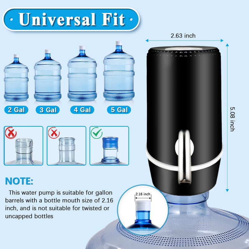 Water Dispenser for 5 Gallon Bottle, Electric Water Pump for 5 Gallon Jug with Switch and USB Charging, Portable Automatic Water Jug Dispenser for Camping, Travel, Home, Kitchen, Office Black