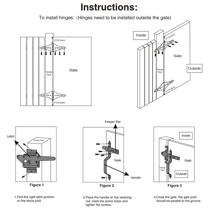 HOME MASTER HARDWARE Wood Gate Hardware Set - Heavy Duty 8" Decorative Strap Hinges and Spring Loaded Latch Gate Kit with Screws for Outdoor Fence Swing Gate Black Finish