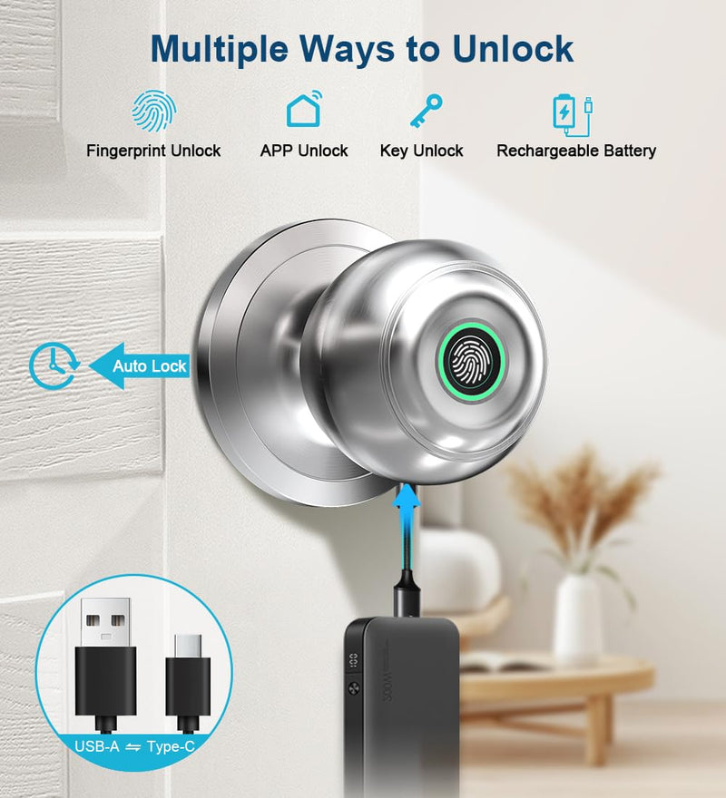 Smart Fingerprint Door Knob with App Control & Key, Keyless Thumbprint Entry for Bedroom, Home, Apartment, Office - Satin Nickel