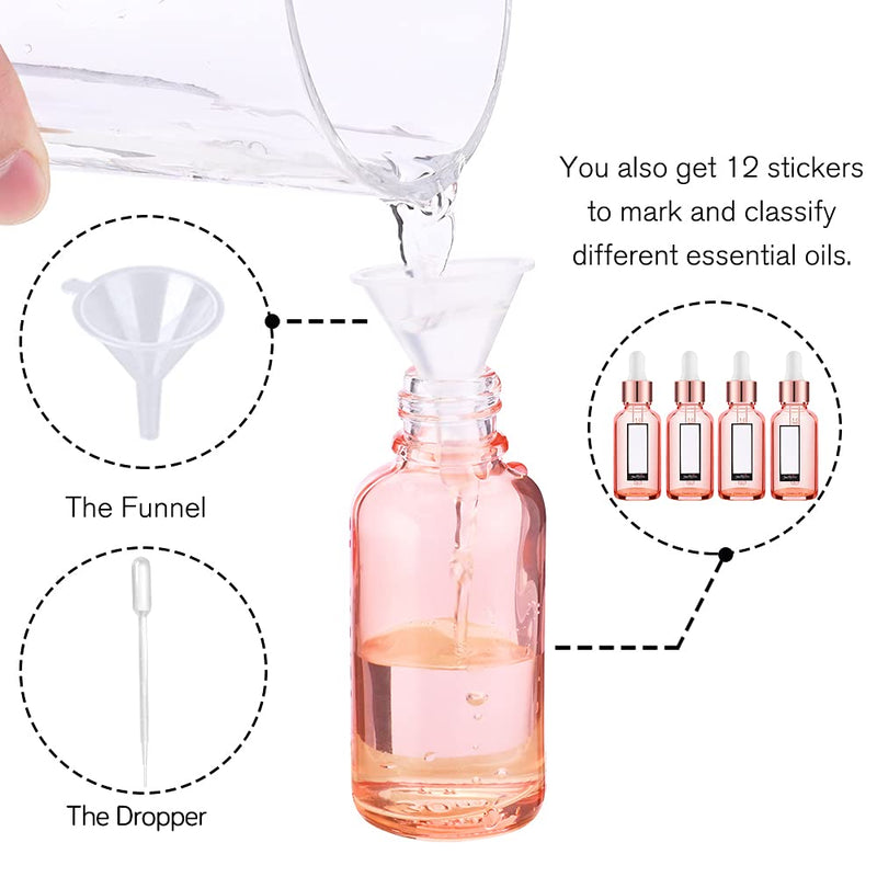 PrettyCare 4 Pack 1oz Eye Dropper Bottle Rose for Essential Oils with Measured Pipettes, 30ml Glass Bottles with Eye Droppers Tincture Bottles, Leak Proof Travel Bottles Pink