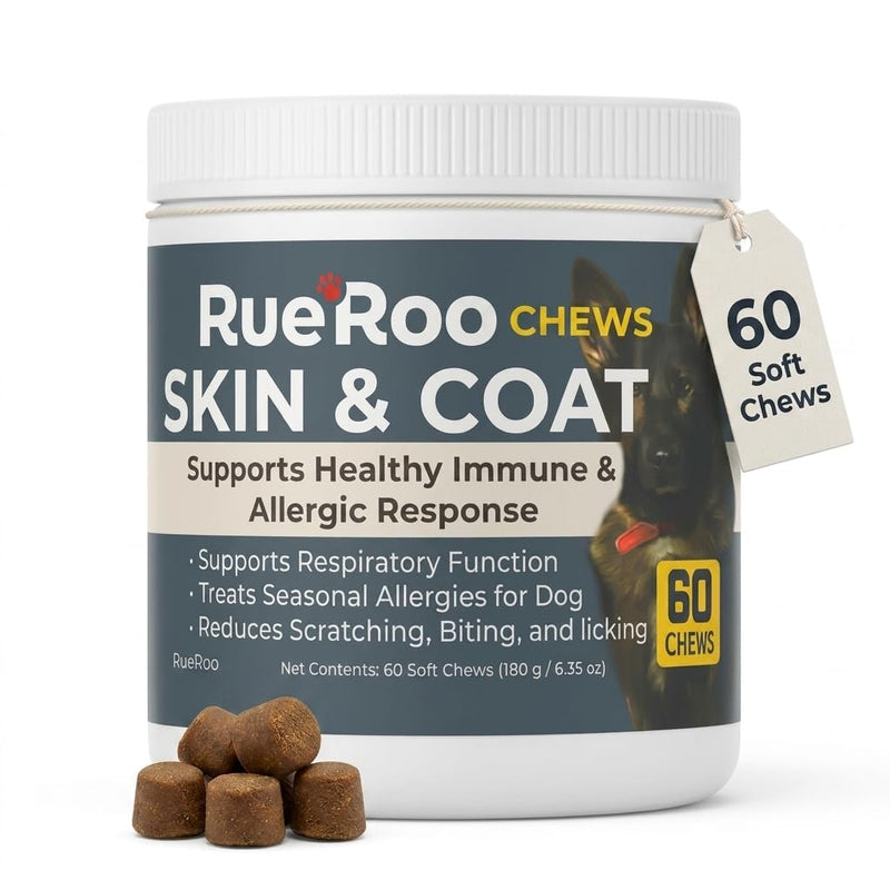 Skin & Coat Chews for Dogs – Omega-3 Fish Oil (EPA & DHA), Biotin & Vitamins A + D3 – Supports Itchy Skin, Dry Skin, Shedding & Shiny Coat – Puppies to Seniors – 60 Soft Chews