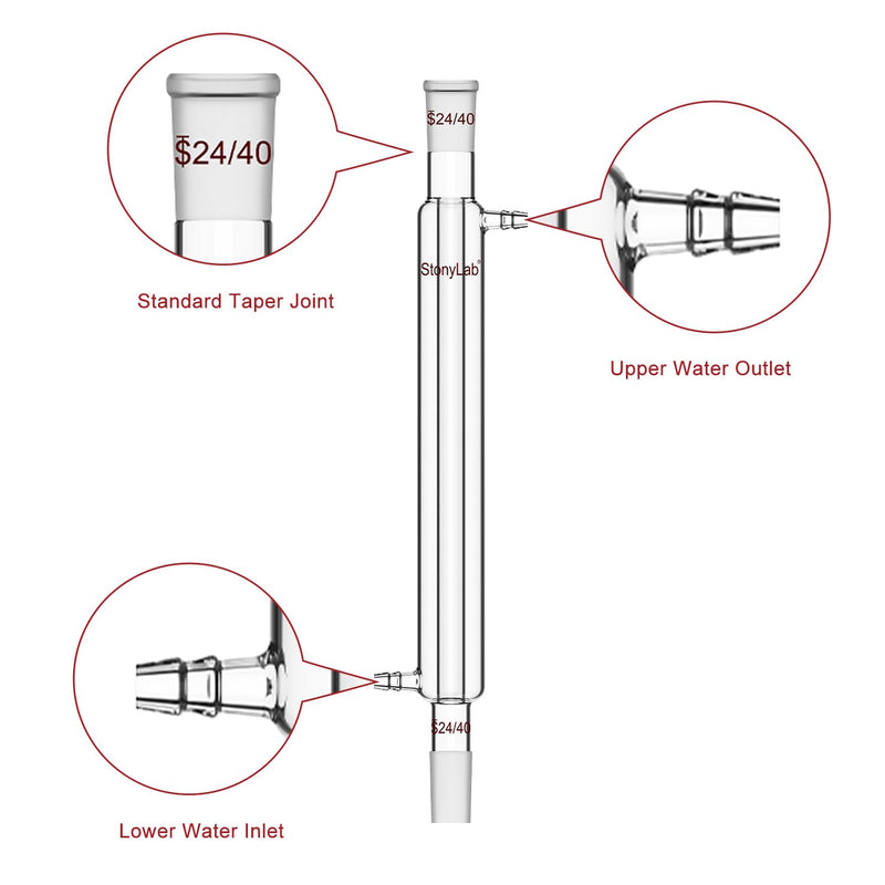 stonylab Liebig Condenser, Borosilicate Glass Liebig Condenser with 24/40 Joint, Jacket Length 11.81 Inch, Laboratory Condensation Distillation Glassware 300 mm