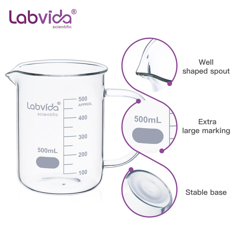 Glass Beaker with Handle, 4PCS of Vol. 500ml, 3.3 Borosilicate Griffin Low Form with Printed Graduation,LVAT002