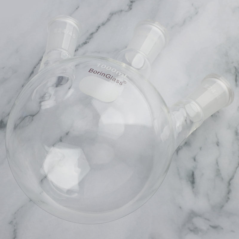 BorinGlass Three Necks Round Bottom Flask RBF, Glass 3-Neck Boiling Flask with 24/40 Standard Taper Outer Joint, 1000 ml