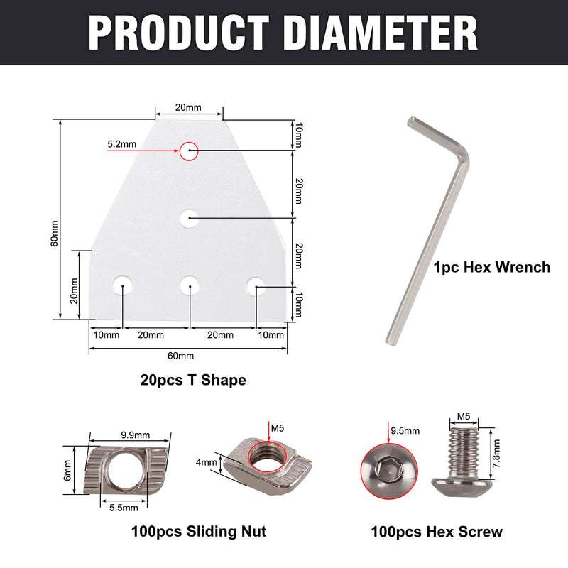 20Pcs 2020 Corner Bracket Joint Plate T Shape 5 Hole Aluminum Extrusion Connector with 100Pcs T-Nuts, 100Pcs Screws and 1Pc Wrench for 20 x 20mm Series Aluminum Extrusion Profile 20Pcs T Shape