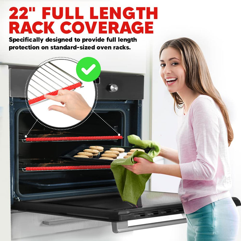 Silicone Oven Rack Shield Guard, Extra Long 22” Red (2 Pack), Full Length Fit on Standard-Sized USA Ranges - Heat Resistant Oven Rack Protectors - Prevents Hand and Arm Burns, Food Grade Cover 22 Inch Full Size Red 2 Pack