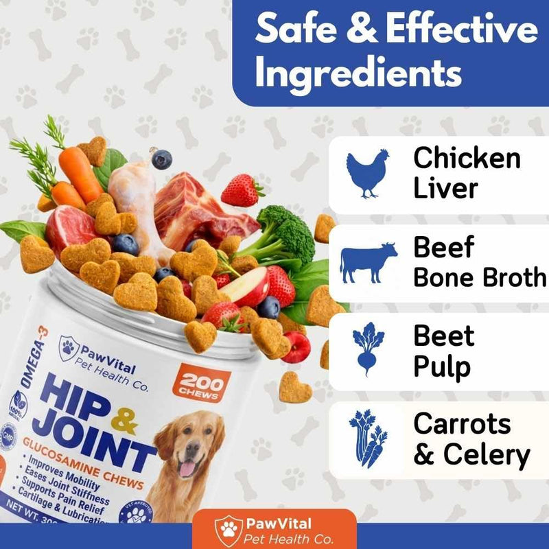 Hip and Joint Supplement for Dogs – Glucosamine Chondroitin MSM Chews for Dogs with Eggshell Membrane & Omega-3 – Joint Pain Relief & Mobility Support for Senior Dogs – 200 Chicken Flavored Soft Chews
