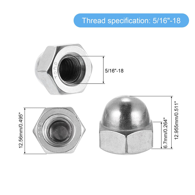 uxcell 5/16"-18 Acorn Cap Nuts, 10Pcs 316 Stainless Steel Dome Cap Head Acorn Nut Hardware Nuts for Bolt Cover, Silvery 10