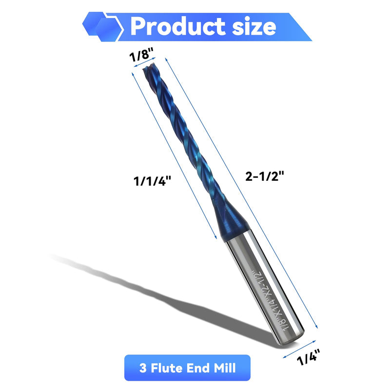 CNC Router Bit 1/8" Cutting Dia 1/4" Shank 3-Flute Extra Long End Mills | Upcut Spiral Solid Carbide End Mill with Blue Nano Coating for Wood, PVC, Aluminum PVC Engraving, 2PCS