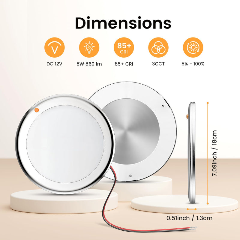 7" LED Marine Boat Ceiling Dome Light 3CCT RV Lights Interior Stainless Surface Mount Cabin Lights with Push Button 12V Light Fixture for Truck Camper Trailers Yacht Silver
