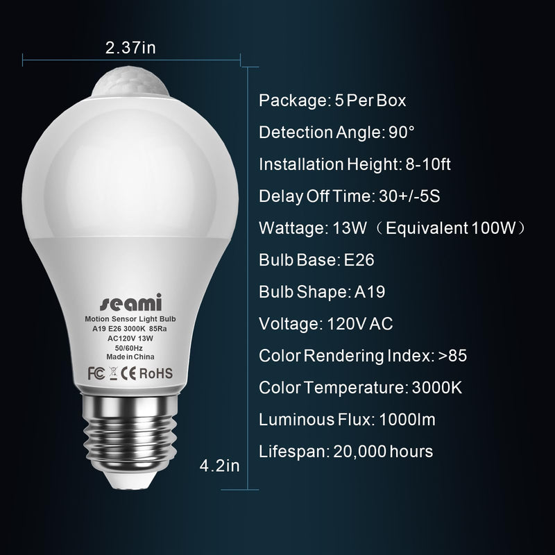 Motion Sensor Light Bulb, Indoor Motion Activation Detector Light Bulb, Dusk to Dawn Security Night Light A19 E26 13W Equivalent 100W 3000K Warm White, 5 Packs (A19PIRX301) A19PIRX301