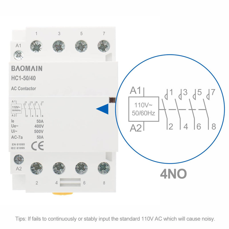 Baomain 110V AC 4-Pole Modular Contactor, 50A 4NO Normally Open, DIN Rail Mount for HVAC, Motor, Pump & Lighting Control BCT-50/40, HC1-50/40-110VAC 110 VAC