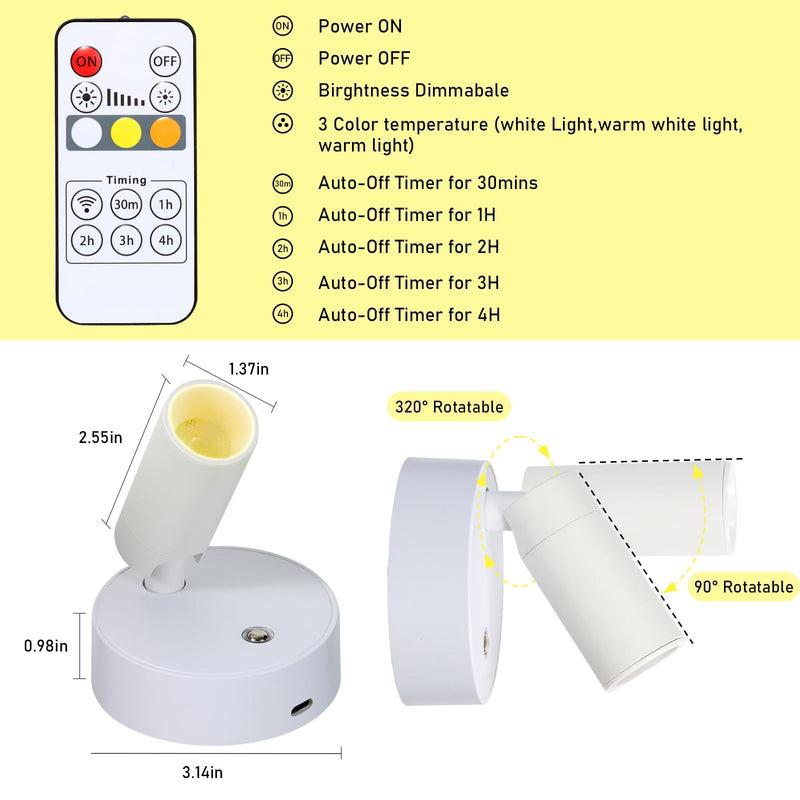 LED Wireless Spotlights with Remote Up Lights Indoor Dimmable Picture Light Battery Operated with Timer, Rechargeable Spot Lights Accent Uplighting for Plant Wall Art Dartboard White