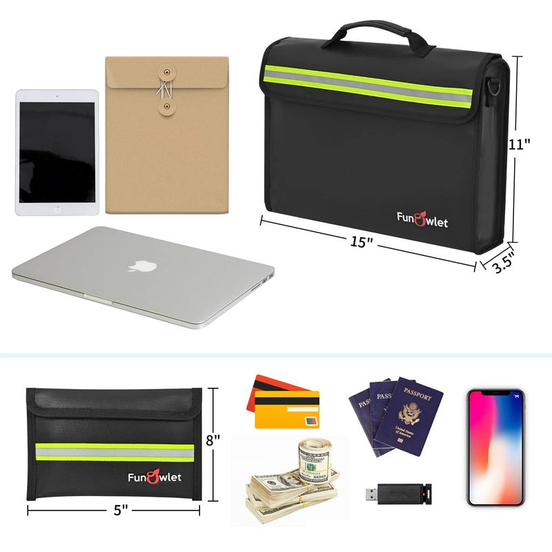 Fireproof Waterproof Money Document Bag - Large Fireproof Safe Box with Wallet Protector, Fire & Water Resistant Storage Organizer Pouch for A4 Documents Holder,File,Jewelry,Passport,Laptop (Black) Black