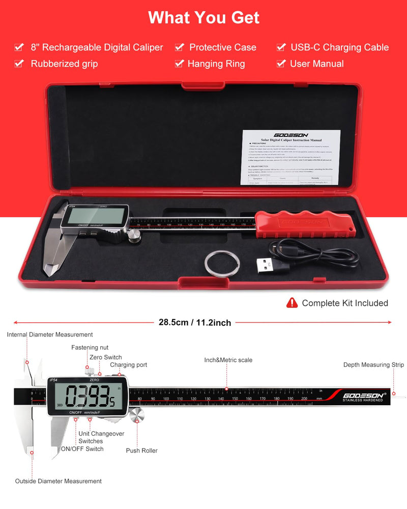 GODESON 8" Digital Caliper, 0.001" Precision Rechargeable Vernier Caliper - USB-C, IP54 Protection，Full Stainless Steel, Inch/MM/Fraction, Large LCD Measuring Tool for Machining, DIY & 3D Printing