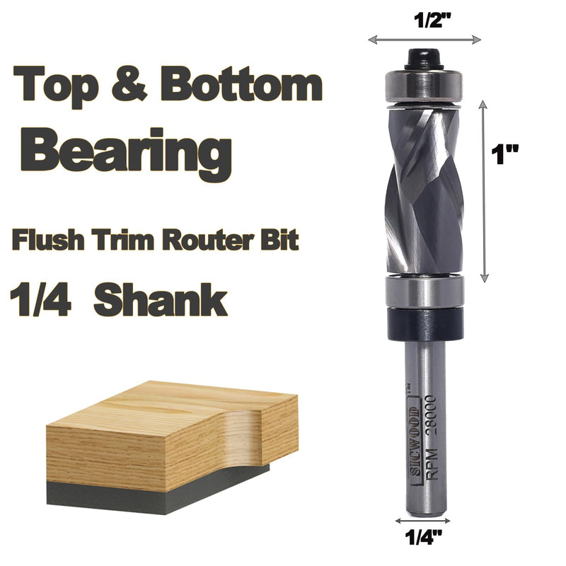 Compression Top and Bottom Bearing Flush Trim Router Bit 1/4 Shank - 1/2" Cutting Dia, Carbide Spiral Up-Down Pattern Template Flush Cut Router Bit, for Wood Trimming 1/2" Dia, 1" Height., 1/4 Shank. Top&Bottom Bearing