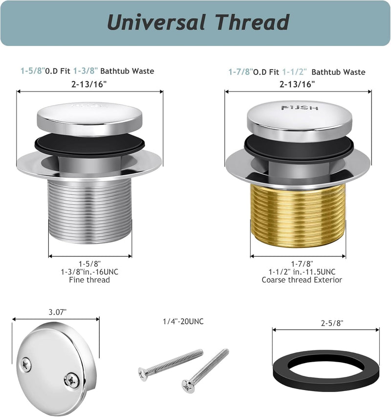 Tip-Toe Bathtub Drain Kit with Two-Hole Overflow Plate, Premium Quality Bath Tub Drain Replacement, Universal Fine/Coarse Thread Bathtub Stopper (Brushed Nickel) Brushed Nickel