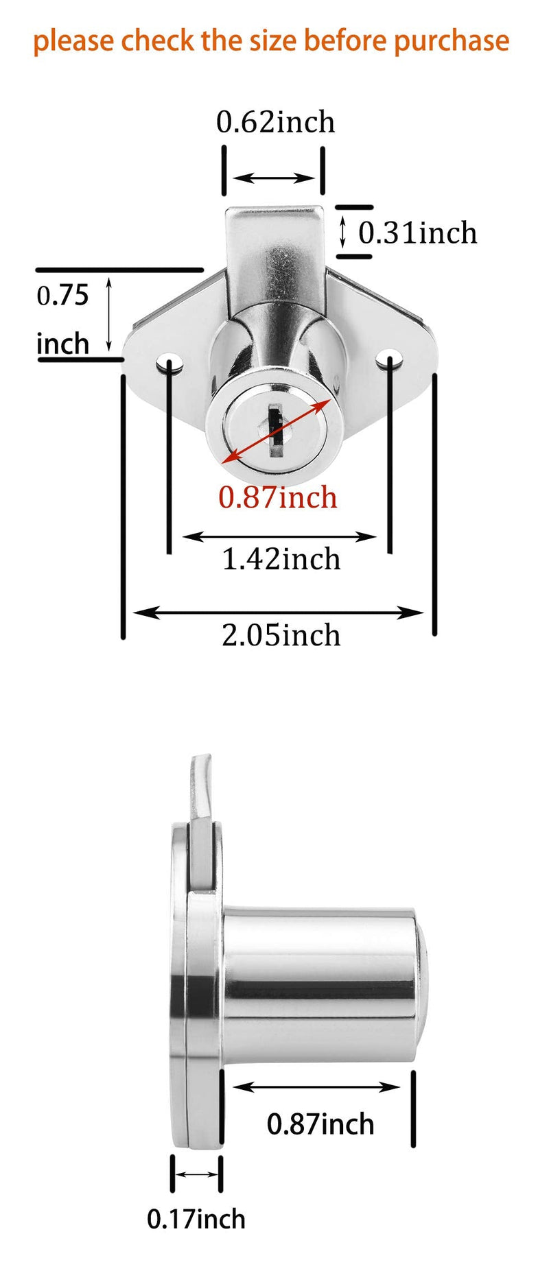801 Office Furniture Desk Drawer Lock Cabinet Door Locker with 2 Keys 7/8 in. Outside Diameter (2 Packs, chome, keyed different2) 801 Keyed Different Chrome, 2PACK