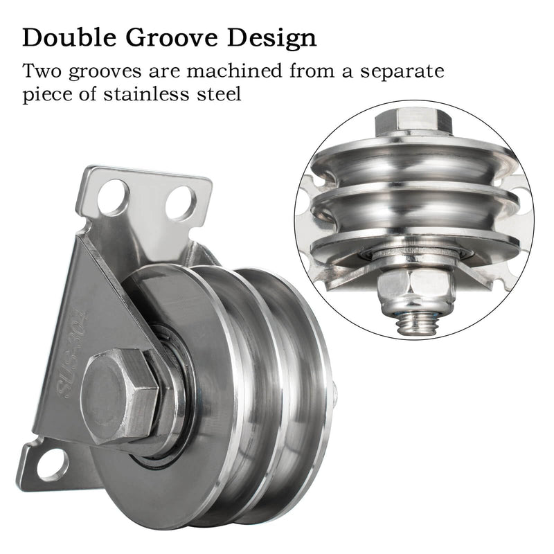 Double Groove Cable Fixed Pulley Block, Heavy Duty Stainless Steel, Bearing Inside, Good for Pulley Lifing System 2Pack 2