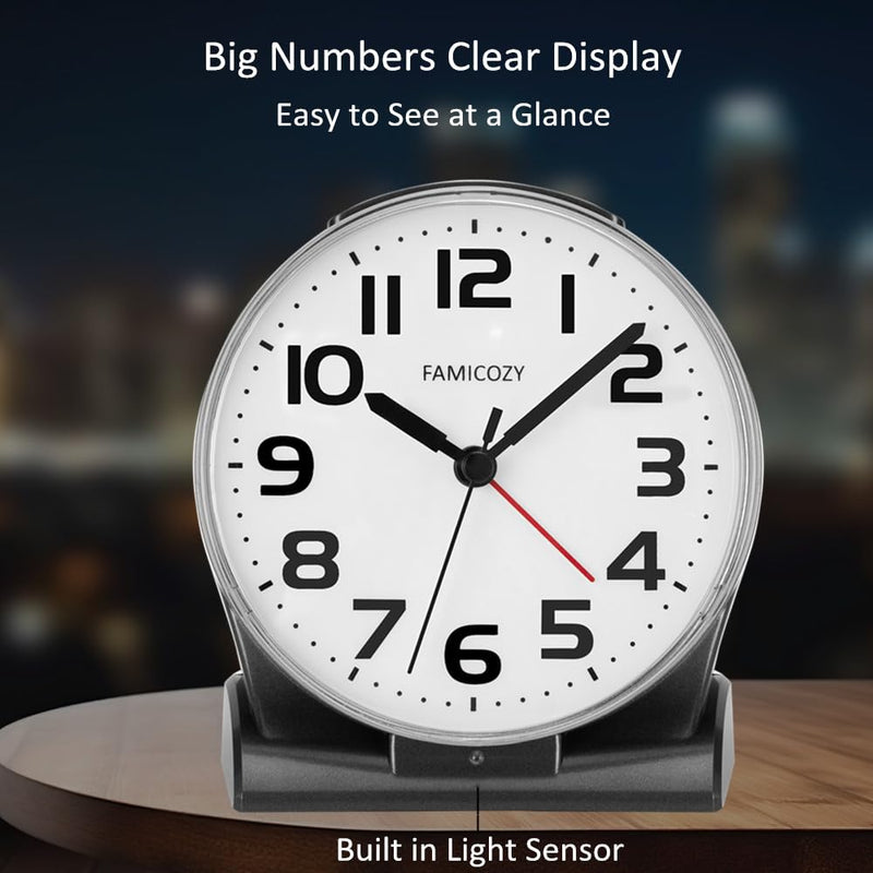 FAMICOZY Automatically Backlighted Alarm Clock,Silent No Ticking for Seniors Vision Impaired,Easy to Set,Big Numbers,Ascending Alarm,Gentle Wake,Snooze,2 AA Battery Operated,Black Black