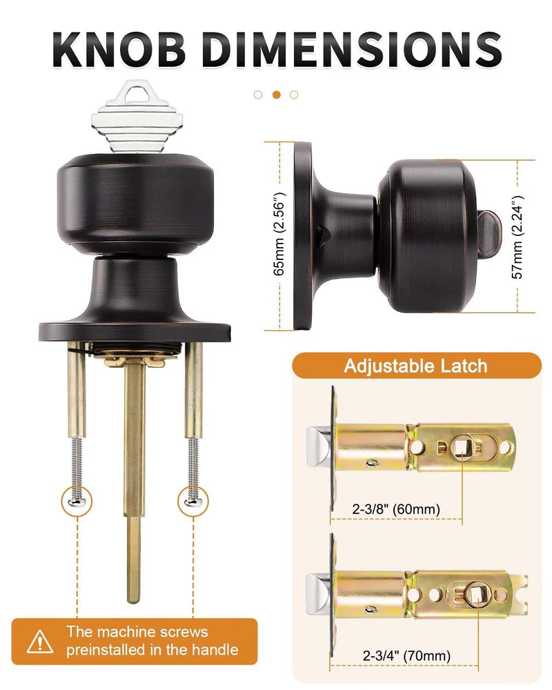 Probrico Keyed Alike Entry Door Knobs, Oil Rubbed Bronze Cylindrical Shape Interior Door Knobs with Lock and Keys,3 Pack