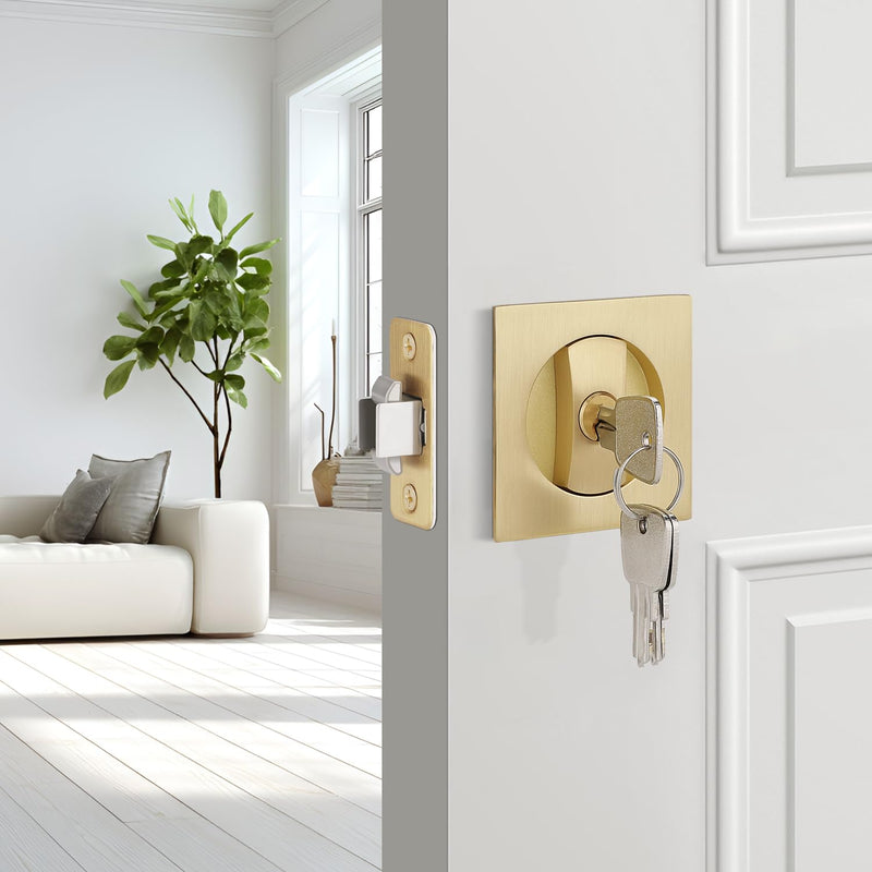 EHOMEWARE 2 Pack Gold Pocket Door Handles, Pocket Door Hardware with Lock, Keyed Alike Pocket Door Lock for Sliding Door, Heavy Duty Recessed Design, Fit Left/Right Doors Entry Door Lock-2 Pack Satin Brass