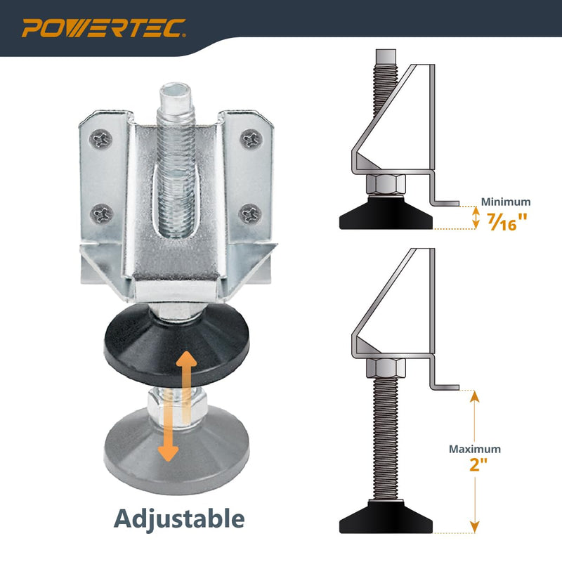 POWERTEC Furniture Leg Levelers 4PK, Adjustable Heavy Duty Leveling Feet with Screws, Lock Nuts and Non-Marring Pads, for Cabinets/Tables/Work Bench/Shelves (71136V) Leg Levelers, Set of 4