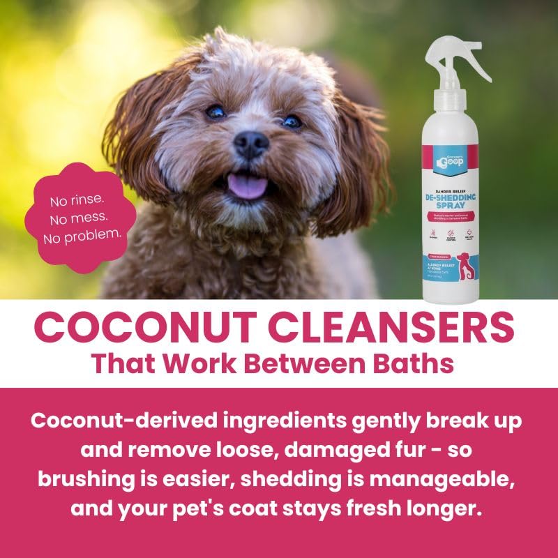 Groomer’s Goop Dander Relief Deshedding Spray – Leave-in Formula Soothes Dry Skin, Reduces Shedding & Dander, Moisturizes with Vegan Collagen & Zinc, Coconut Cleansers – 8 oz