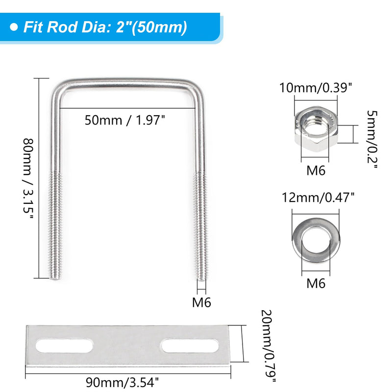 Yinpecly 4 Pack Square U-Bolts 2"/50mm Inner Width 3.15"/80mm Length 304 Stainless Steel U Bolts M6 with Washers & Nuts & Frame Plate for Automobiles Trailer, Ski Boat, or Sailboat Trailer M6x50x80mm