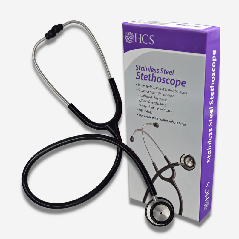 HCS Stethoscope, Premium Stainless Steel - Medical Grade, Dual Head Stethoscopes for Nurses, Doctors, Veterinary - 22 inch Tubing (Black) Black