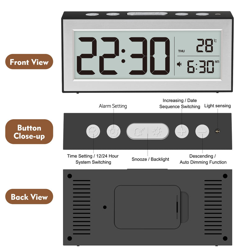 ALANAS Battery Operated Alarm Clock, Portable Digital Clock with Large Display, Snooze, Temperature & Date, Auto-Dim Night Light for Easy Reading, Ideal for Seniors, Kids, Bedroom, Travel, Nightstand Black