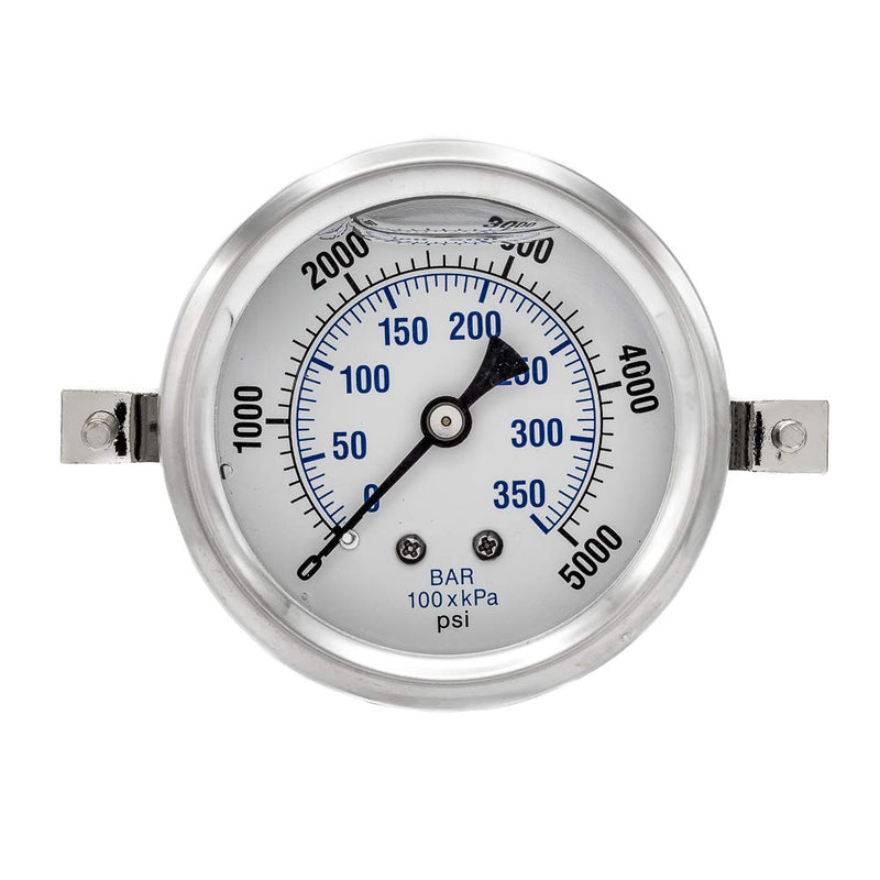 PIC Gauges PRO-203L-254R U-Clamp Panel Mount Glycerin Filled Industrial Pressure Gauge w/ SS Case, Brass Internals, Plastic Lens, 2.5" Dial, 0/5000 psi Range, 1/4" Male NPT