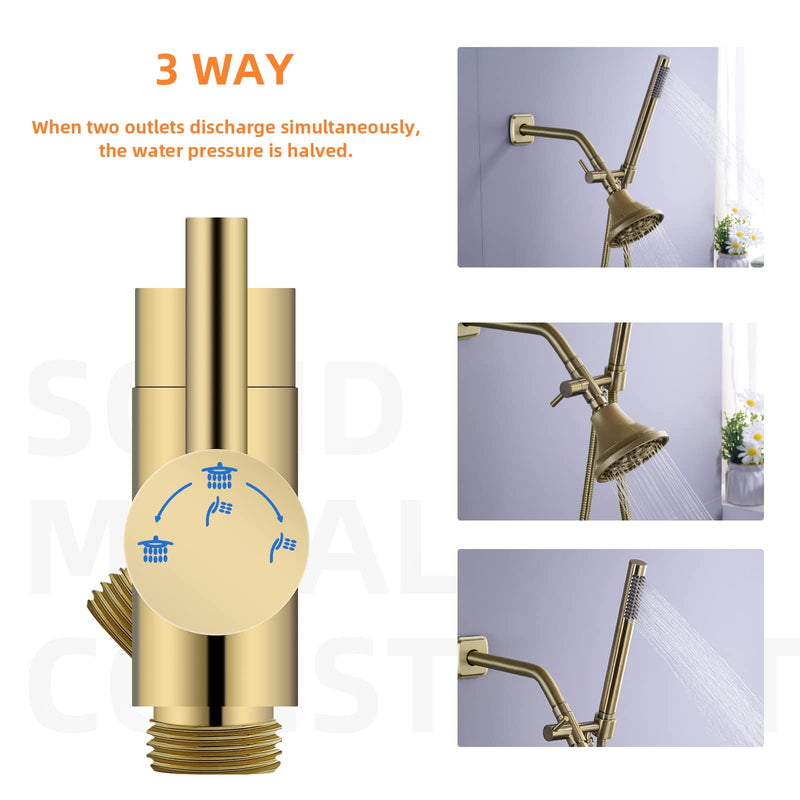 Brushed Gold Shower Arm Diverter with Hand Shower Mount, G1/2 Brass Shower Diverter Valve Bathroom Universal Shower System Replacement for Handheld Shower and Fixed Shower Head Brushed Gold