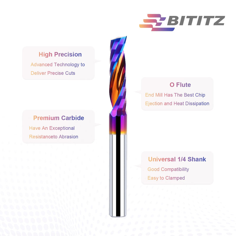2PCS O Flute Spiral Router Bit 1/4 Inch Shank 1/4 Inch Cutting Diameter 1 inch Cutting Length with Extra Long Life Coating CNC Router Bits End Mill for Wood Cutting, Slot Mortise, Engraving 2 pieces