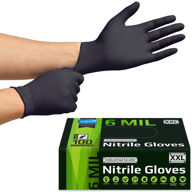 Inspire Black Nitrile Gloves HEAVY DUTY 6 Mil Nitrile Chemical Resistant Medical Cooking Cleaning Disposable Black Gloves Large Black 6mil Box of 100