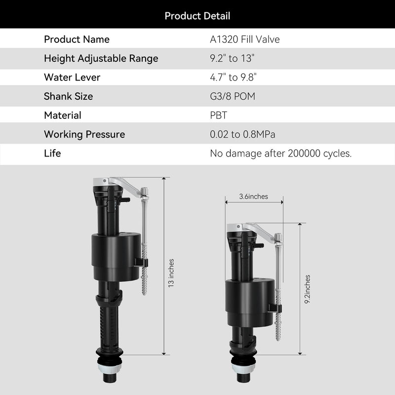 R&T Toilet Fill Valve, Anti Siphon Toilet Tank Replacement Kit, Universal Easy Install Toilet Parts Inside Tank A1320