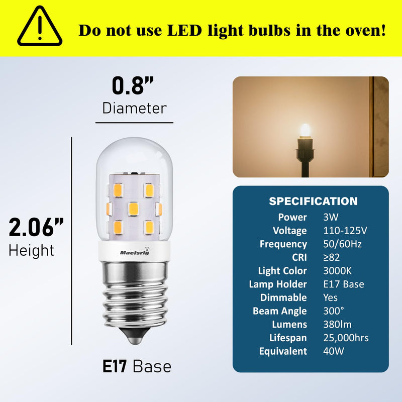 LED Microwave Light Bulbs Under Hood 40W Equivalent, E17 LED Bulb Dimmable for Range Hood, 3W 380 Lumens, LED Appliance Light Bulb Over Stove, Warm White 3000K, 2 Pack 2 Count (Pack of 1)