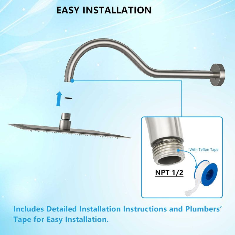 Lordear Shower Extension Arm Solid Brushed Nickel T304 Stainless Steel 17 Inch Extension Shower Arm with Flange Shower Head Pipe For Rain Shower Heads