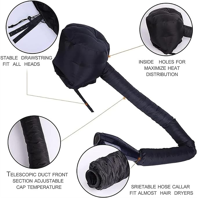 Portable Bonnet Hood Hair Dryer Attachment Blow Dryer For Women Hair Drying Cap Long Tube Soft Bonnet Diffuser Cap For Hair Dryer Curly Hair (Color: Black) - NewNest Australia