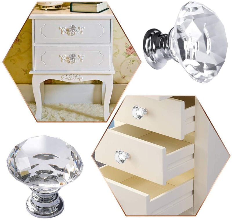 Akstore 6 Pcs Crystal Glass Cabinet Knobs 30mm Diamond Shape Drawer Kitchen Cabinets Dresser Cupboard Wardrobe Pulls Handles (30mm, Clear) 30 mm