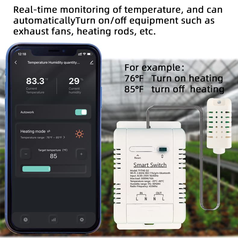 WiFi Wireless Temperature Controller,Include Temperature Probe Sensor ,Tuya app Remote 16A Smart Switch with Energy Consumption Monitoring,Work with Alexa Google (Temperature and Humidity) Temperature and Humidity