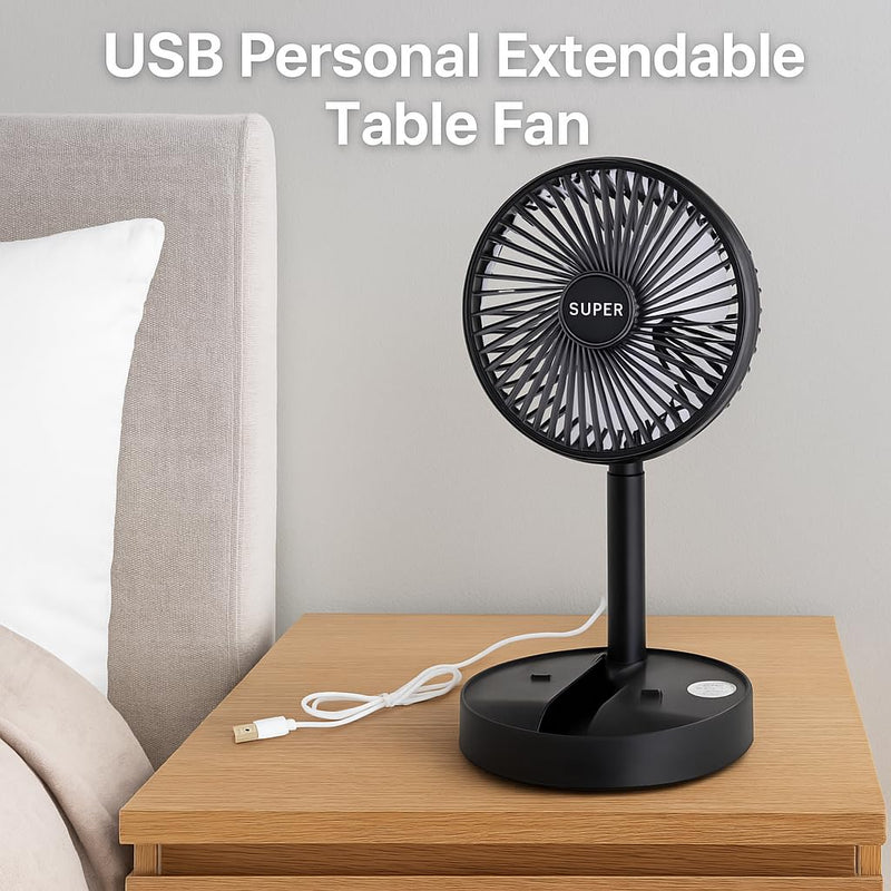 Dependable Industries inc. Essentials Telescopic Folding USB Desk Fan – Adjustable Height 11.5" to 14", Quiet Motor, Compact Table Fan with Phone Stand, USB-Powered for Home, Office, Travel (Black) Black