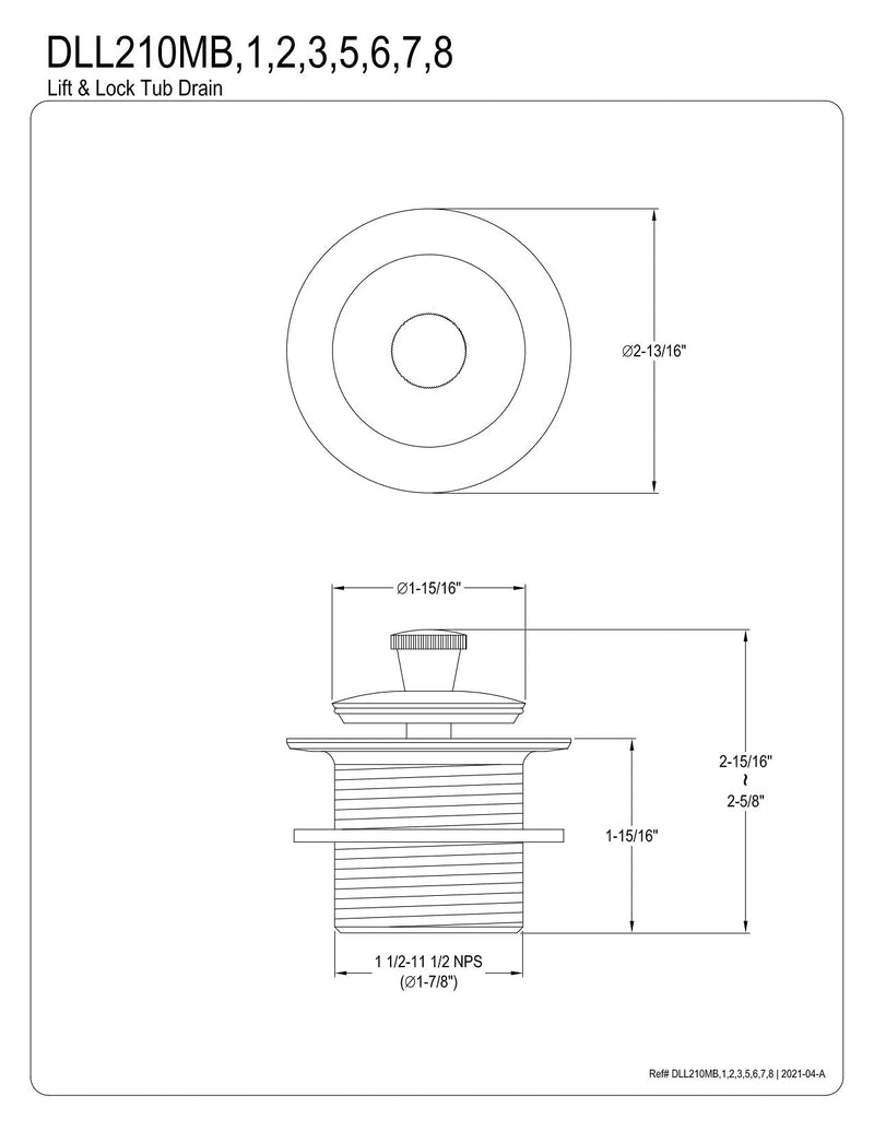 Kingston DLL218 Brass Lift and Turn Tub Drain, Brushed Nickel