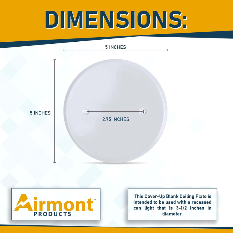 AP-12031, 5 Inch White Metal Ceiling Blank-Up Cover, Used to Cover 3-1/2 Inch Round/Octagon Box Openings In Ceilings or Walls, Mounting Screws Included, Holes Are Spaced 2.75 Inches 1 5-Inch, For 3-1/2 Inch Electrical Box